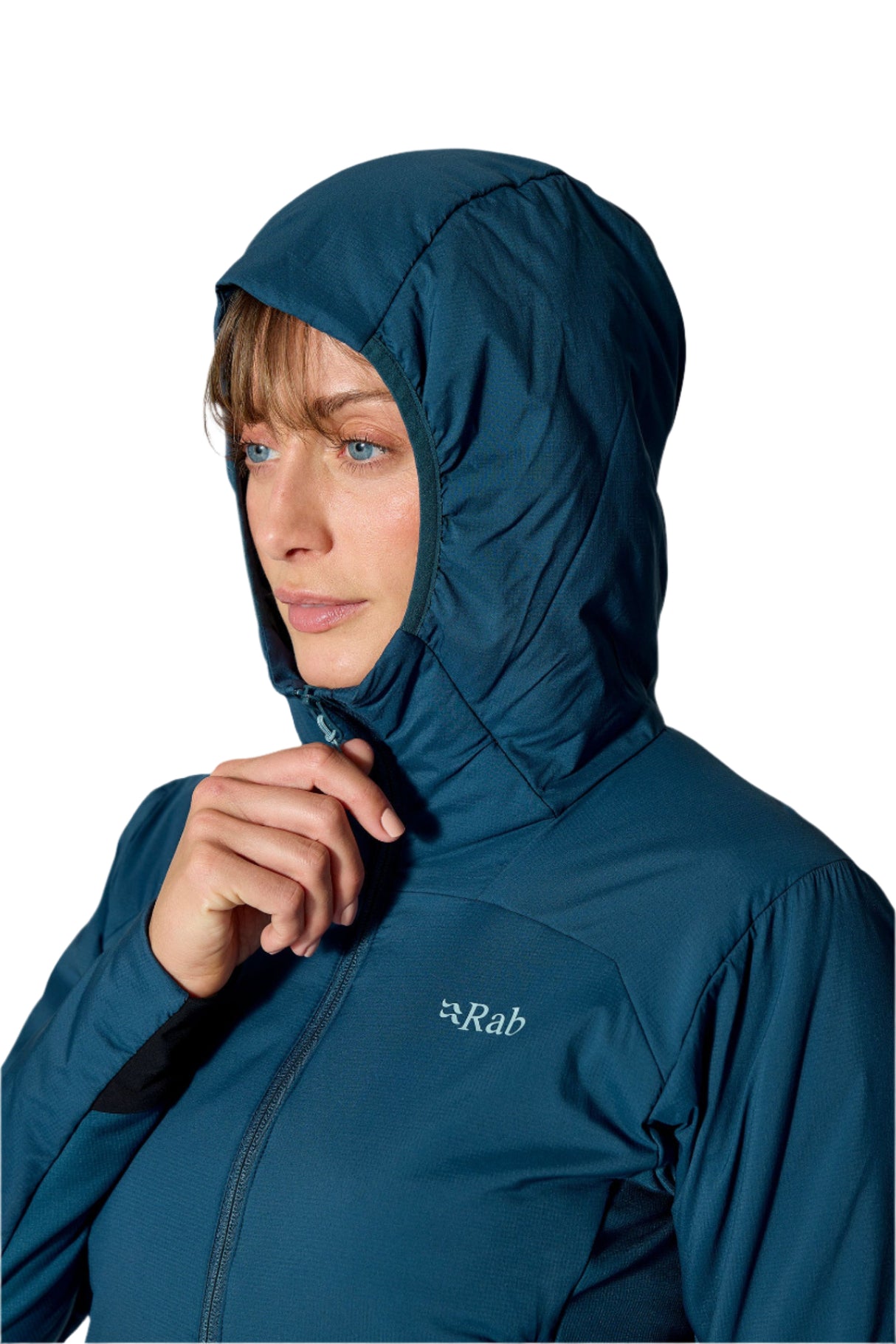 Rab Women's Xenair Alpine Flex Insulated Jacket in Tempest Blue - hand pocket detail