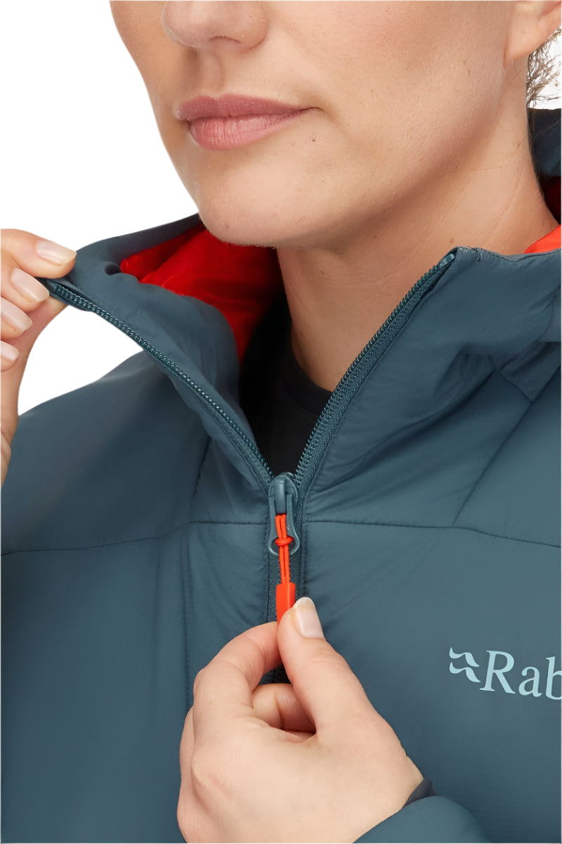 Rab Women's Xenair Alpine Light Insulated Jacket in Orion Blue - chin guard detail