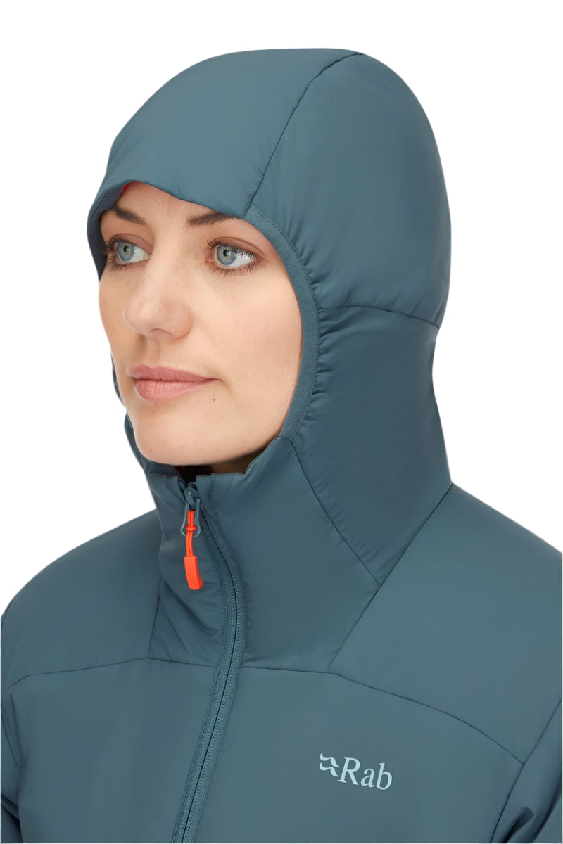 Rab Women's Xenair Alpine Light Insulated Jacket in Orion Blue - hood, worn