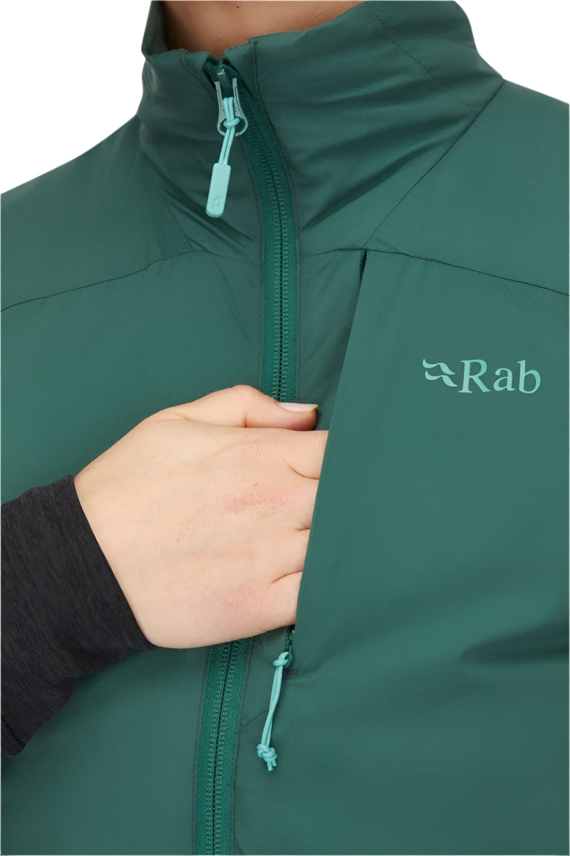 Rab Women's Xenair Insulated Vest in Green (styling reference) - chest zip detail