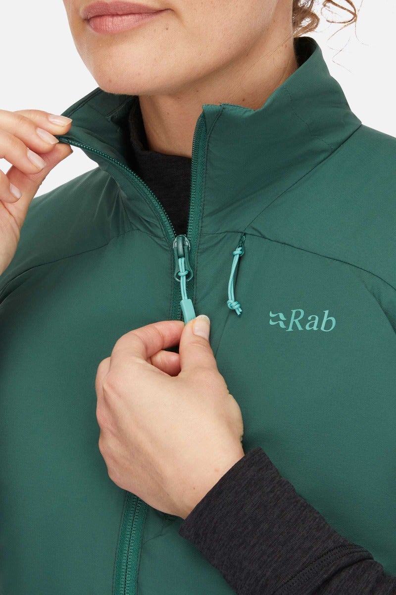 Rab Women's Xenair Insulated Vest in Green (styling reference) - chin guard detail