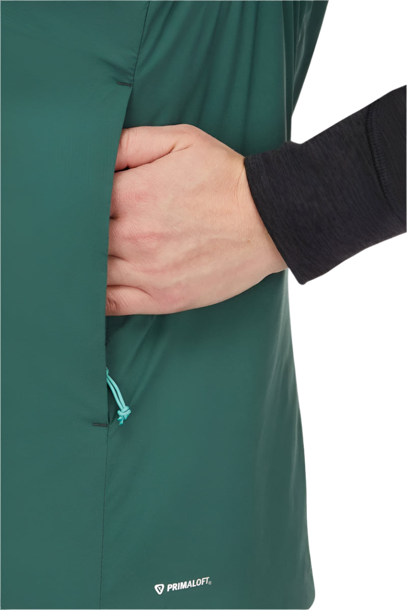 Rab Women's Xenair Insulated Vest in Green (styling reference) - hand pocket detail