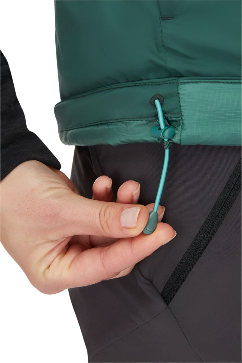 Rab Women's Xenair Insulated Vest in Green (styling reference) - hem drawcord detail