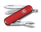 Red Swiss Army knife with open tools on a white background