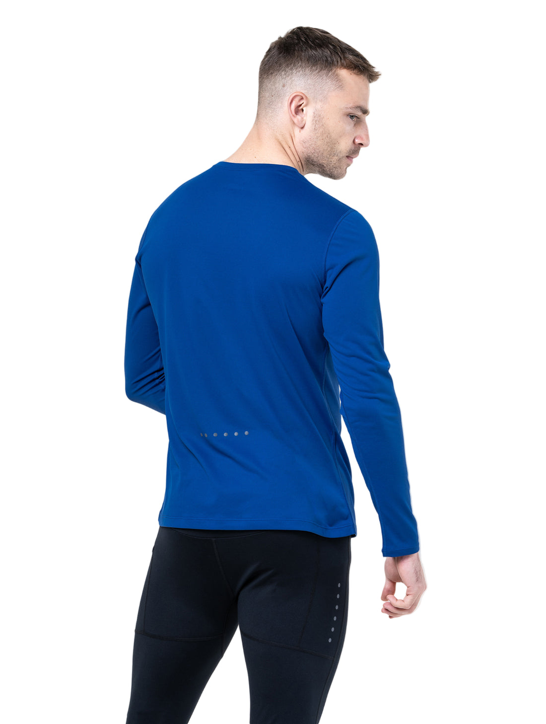 Ronhill Men's Core L/S Tee in Dark Cobalt/Bright White - worn, back