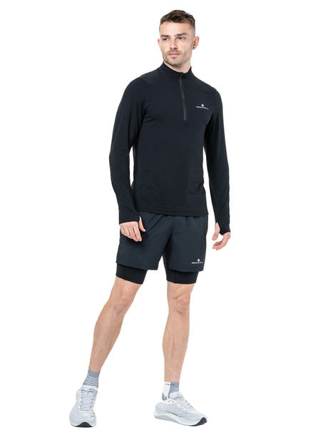Ronhill Men's Core Thermal 1/2 Zip in Black/Bright White - worn, front