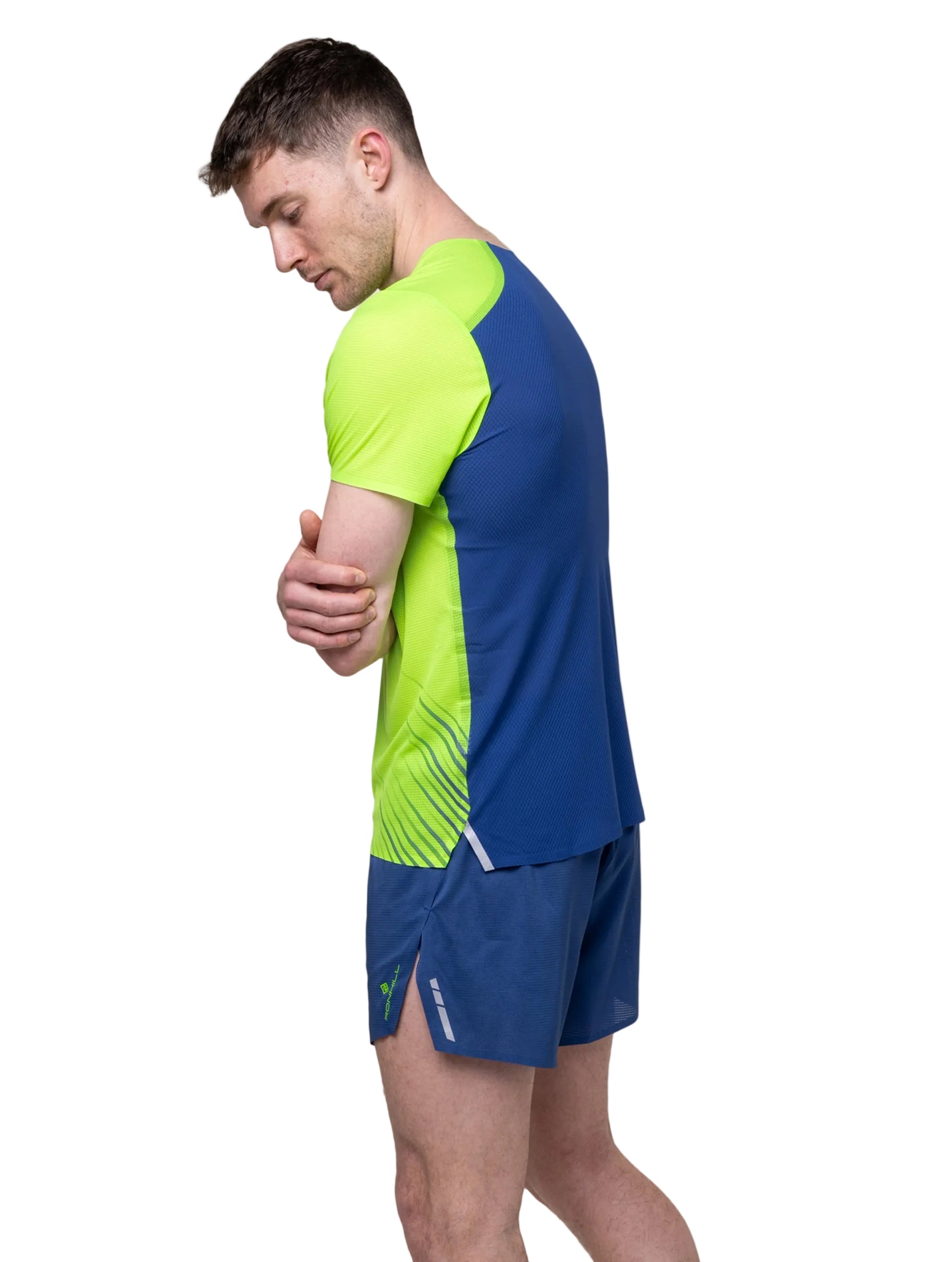Ronhill Men's Tech Race S/S Tee in Fluo Green/Dark Cobalt - detail, 4