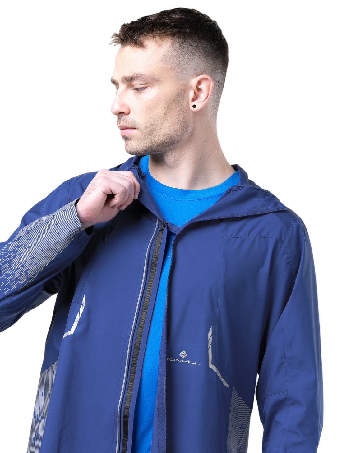 Ronhill Men's Tech Reflect Jacket in Ocean/Reflect - roll-away hood detail
