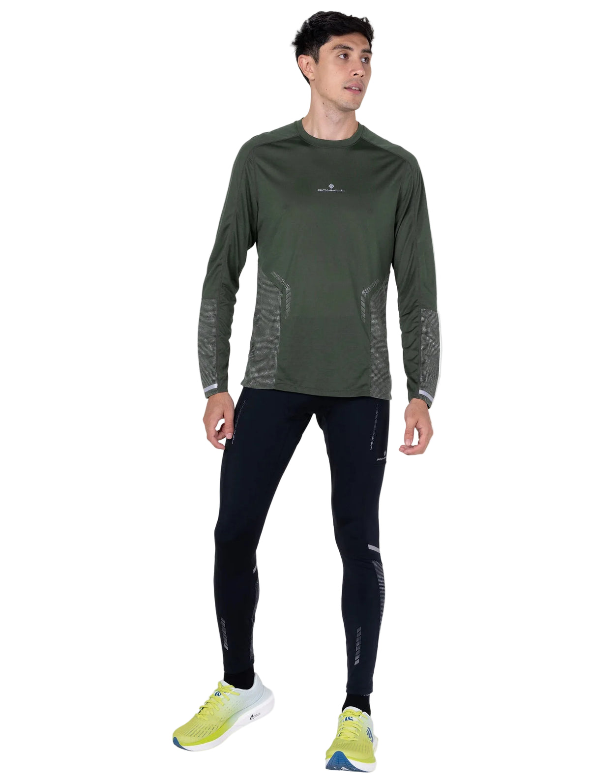 Ronhill Men's Tech Reflect L/S Tee in Kelp/Reflect - Studio Front Standing Plain
