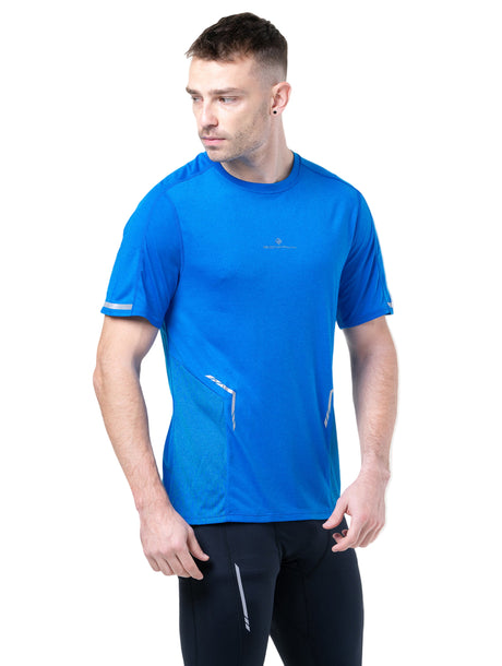 Ronhill Men's Tech Reflect S/S Tee in ElecBlueMarl/Reflect - front, fit detail