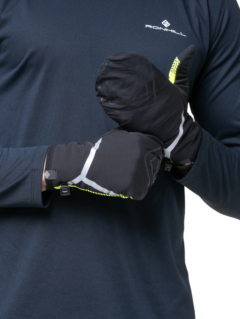 Ronhill Wind-Block Convertible Glove in Fluo Yellow/Black - sweat wipe detail