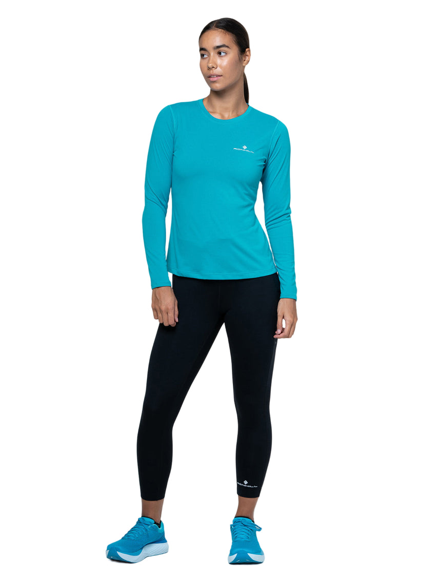 Ronhill Women's Core L/S Tee in Azure/Bright White - worn, front
