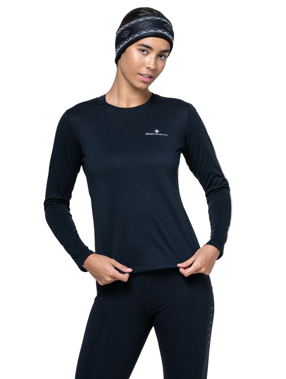 Ronhill Women's Core L/S Tee in Black/Bright White - hem detail