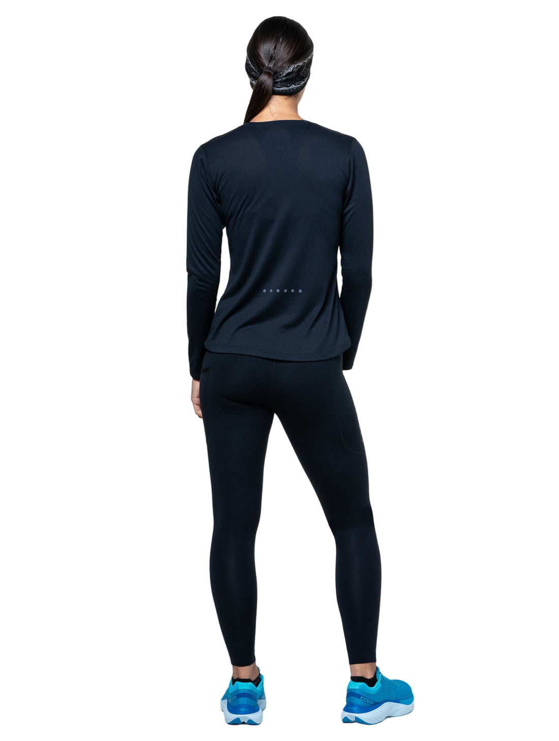 Ronhill Women's Core L/S Tee in Black/Bright White - worn, back