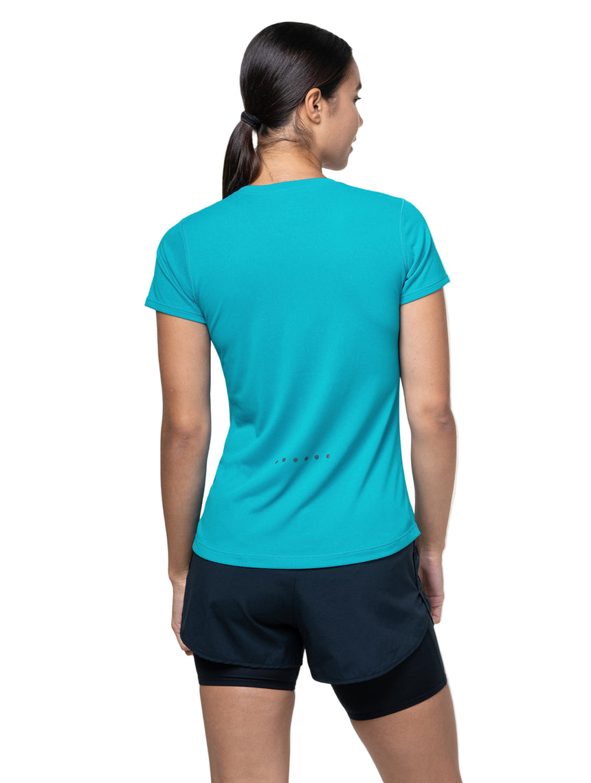 Ronhill Women's Core S/S Tee in Azure/Bright White - worn, back