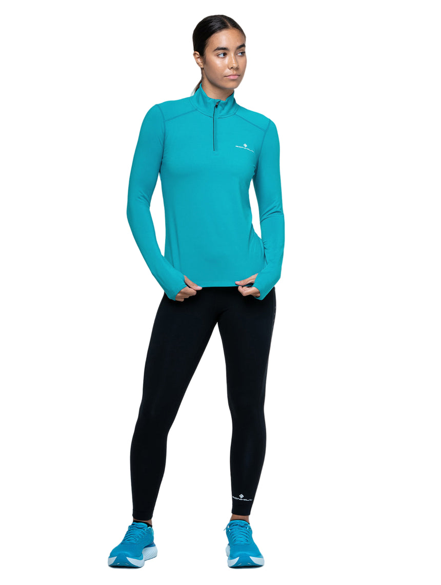 Ronhill Women's Core Thermal 1/2 Zip in Azure/Bright White - worn, front