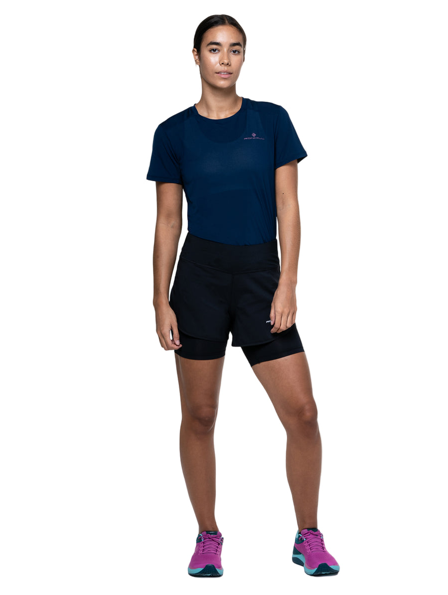 Ronhill Women's Tech 4.5" Twin Short in All Black - worn, front