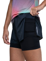 Ronhill Women's Tech Race Twin Short in All Black - thigh tuck pocket detail, 2