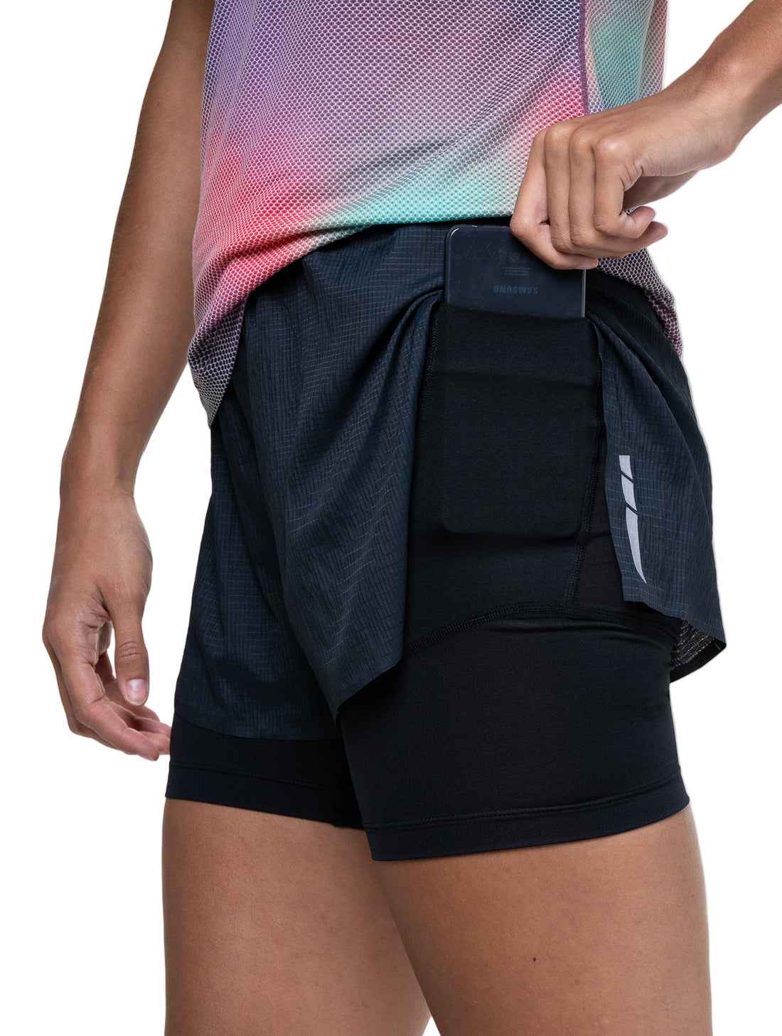 Ronhill Women's Tech Race Twin Short in All Black - thigh tuck pocket detail, 2