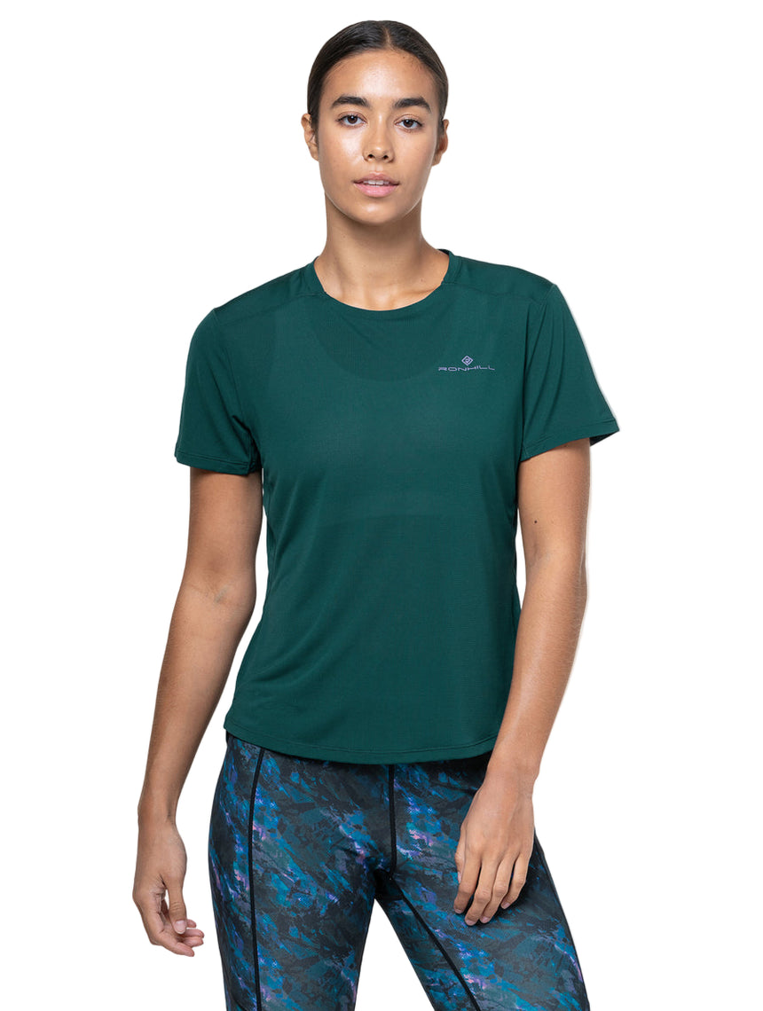 Ronhill Women's Tech S/S Tee in Seaweed/Iris - worn, front