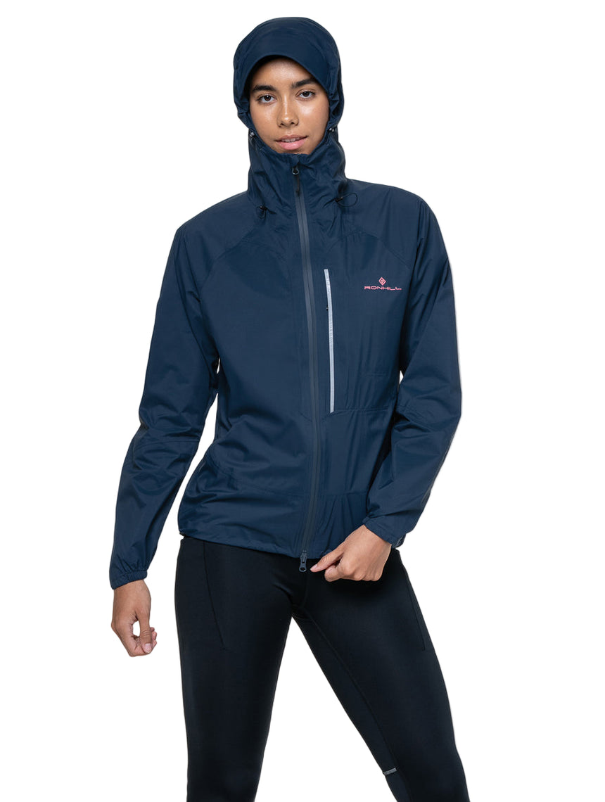 Ronhill Women's Tech Storm Jacket in Dark Navy - roll-away hood detail