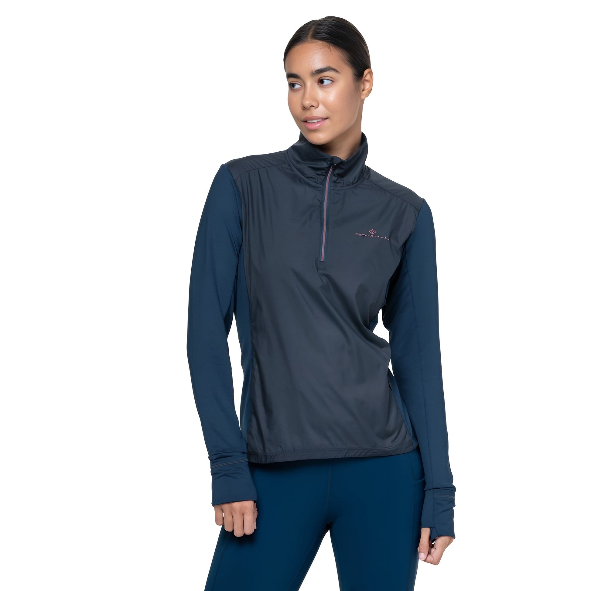 Ronhill Women's Tech Wind-Block 1/2 Zip in Dark Navy/Dusty Tulip - zip detail, closed