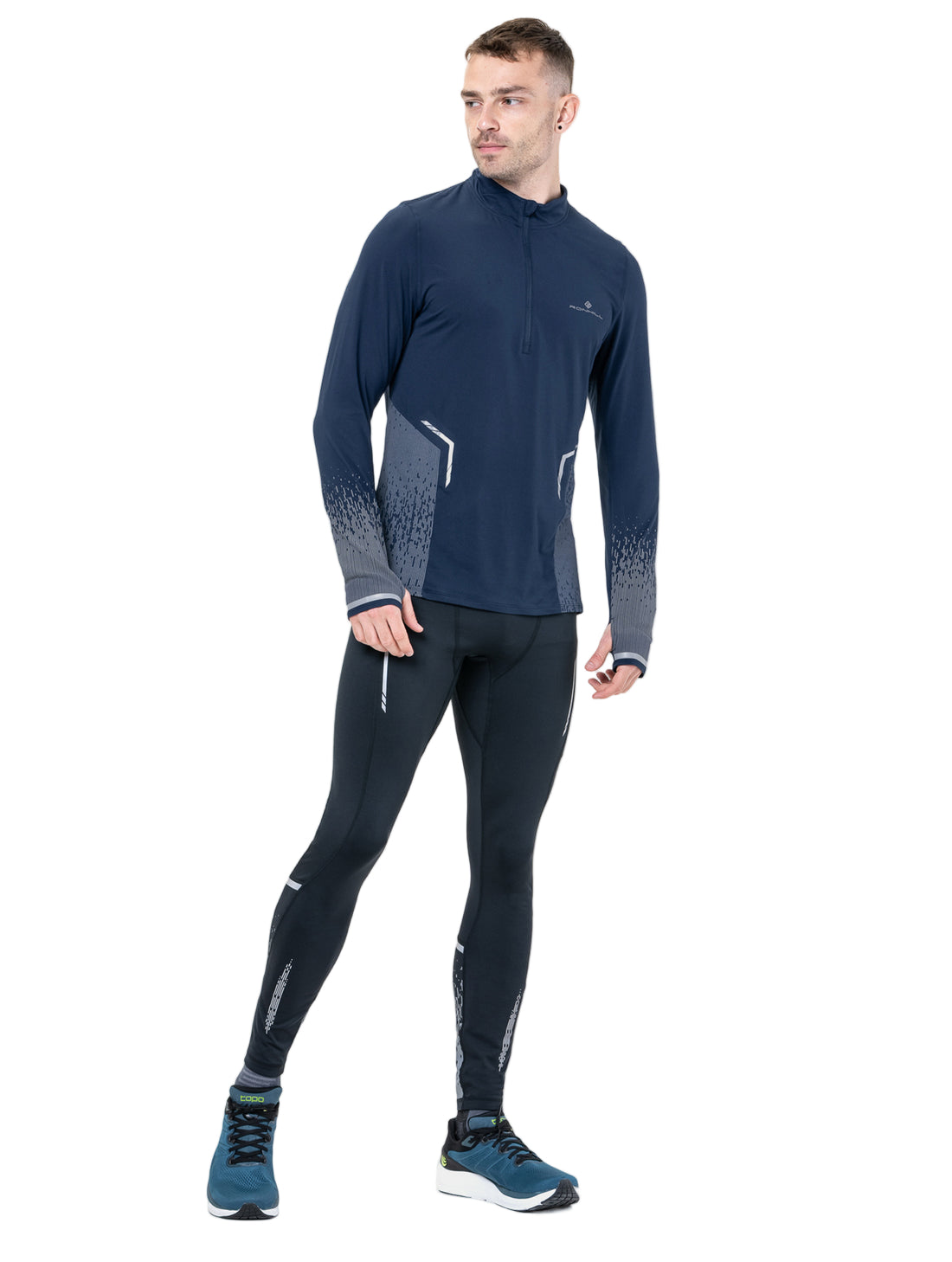 Ronhill Mens Tech Reflect 1/2 Zip Outdoor Action Dark Navy/Reflect- Front fit