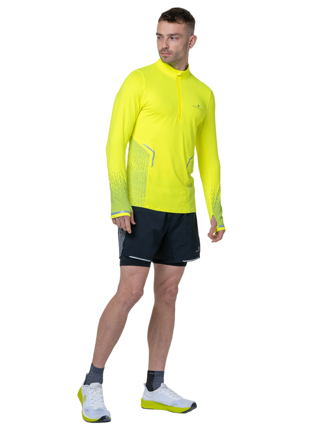 Ronhill Mens Tech Reflect 1/2 Zip Outdoor Action Fluo Yellow/Reflect- Front fit on Model
