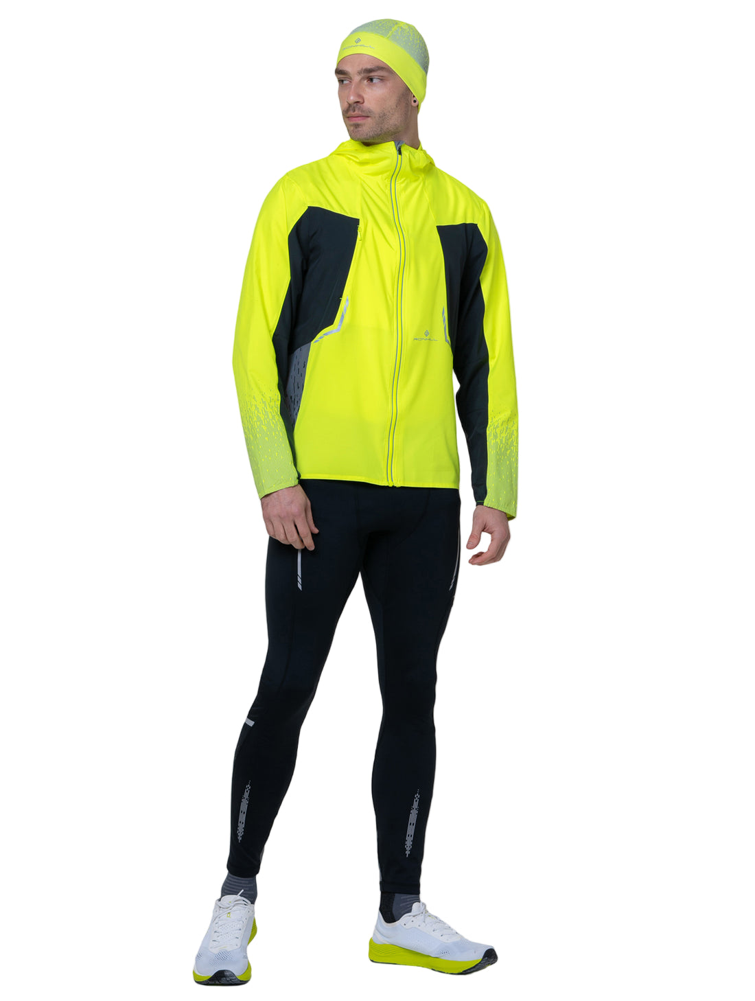 Ronhill Mens Tech Reflect Jacket Outdoor Action FlYellow/Blck/Reflect- Front fit on Model