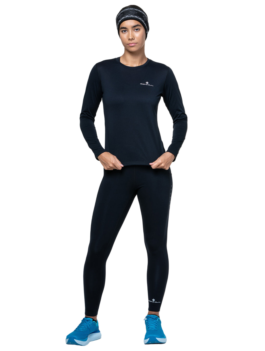 Ronhill Women's Core L/S Tee Outdoor Action Black/Bright White- Front Fit on Model