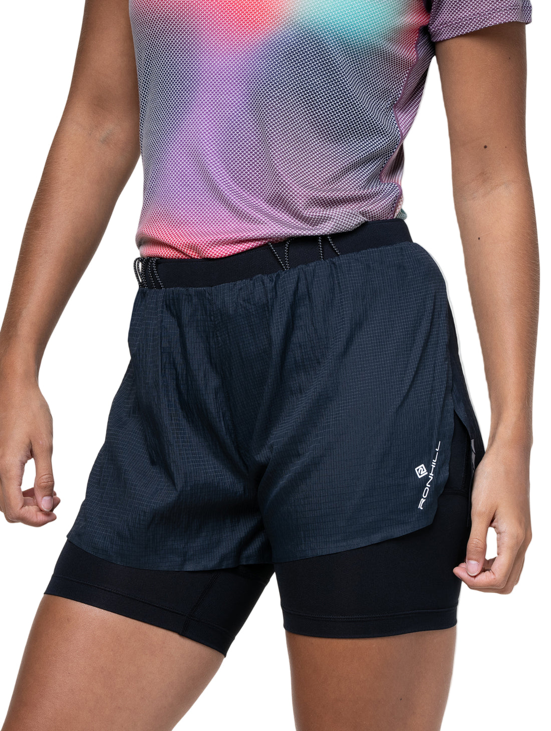 Ronhill Women's Tech Race Twin Short Outdoor Action All Black- Outer Short
