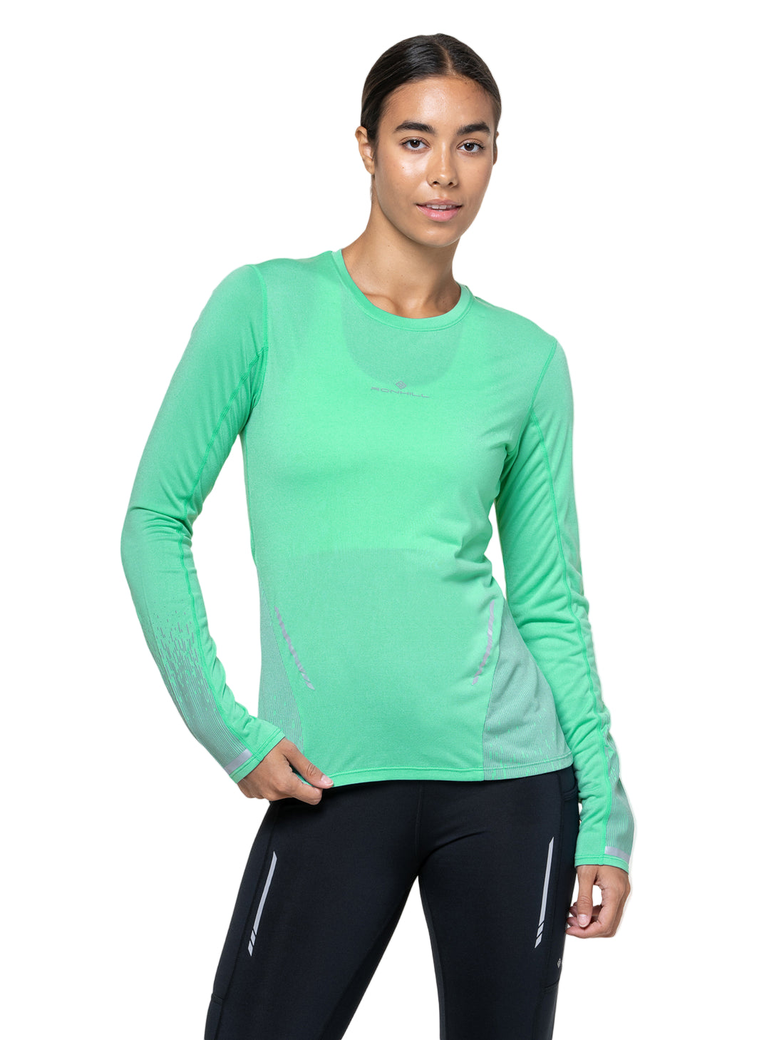 Ronhill Women's Tech Reflect L/S Tee Outdoor Action Florida Marl/Reflect- Front Fit (Close-Up)