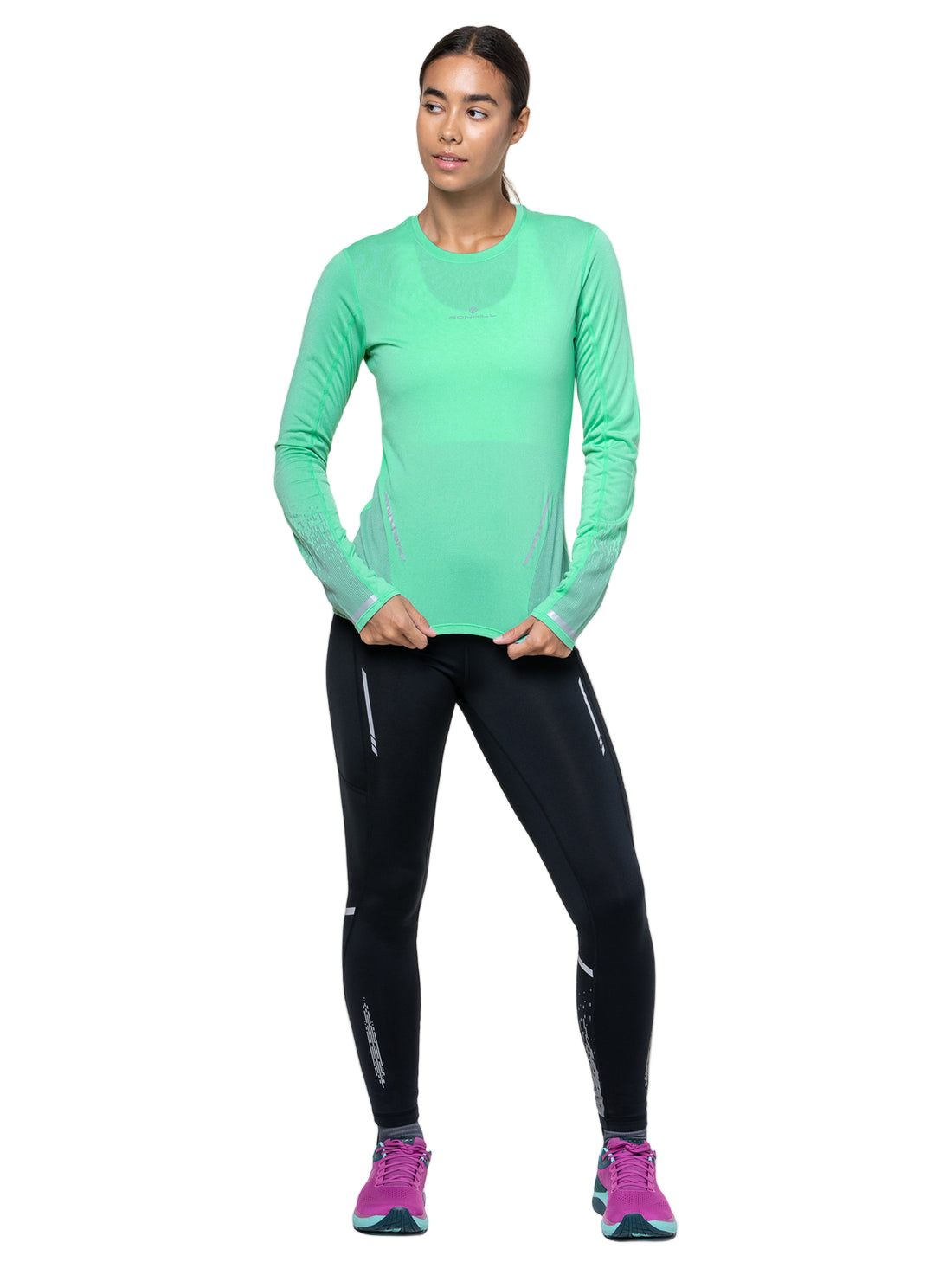 Ronhill Women's Tech Reflect L/S Tee Outdoor Action Florida Marl/Reflect- Front Fit on Model