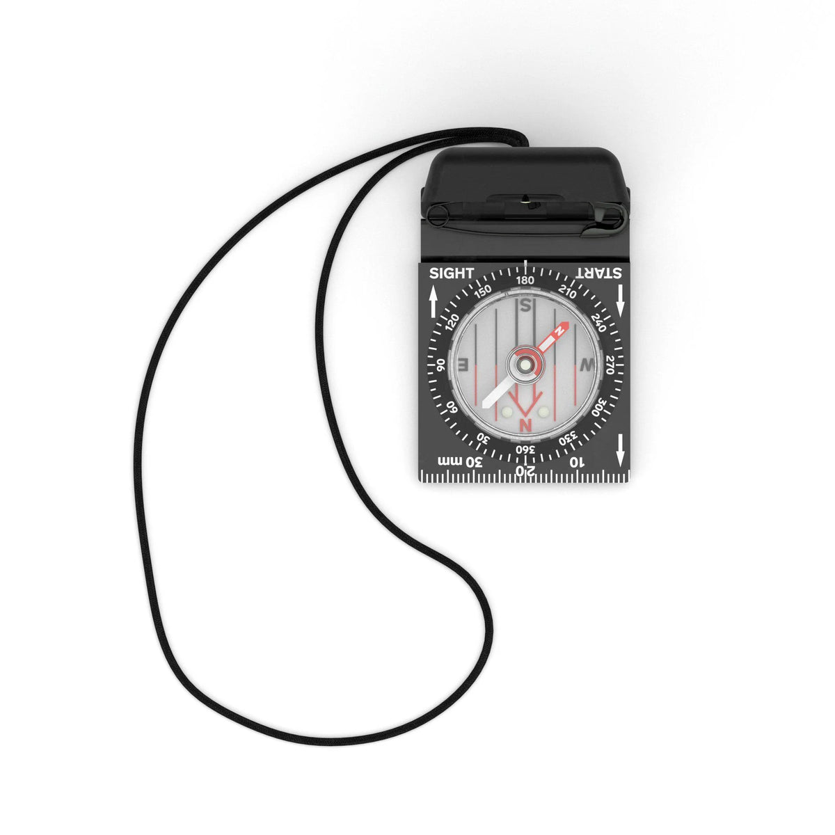 Compass with a black lanyard on a white background