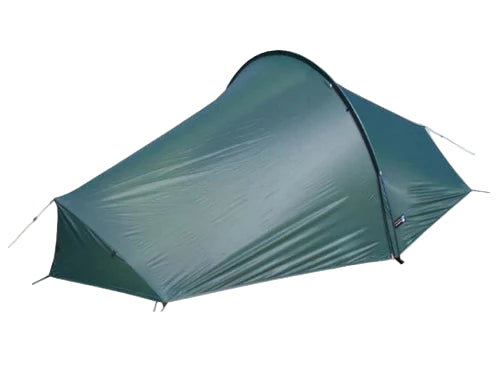 A green Terra Nova Solar Competition 1 tent with a flysheet pitched on it