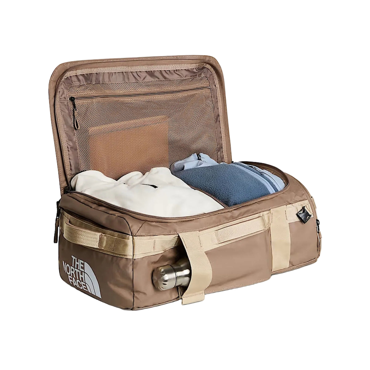 The North Face Base Camp Voyager Duffel 32L in Garnet/Timeless Taupe - packed interior detail