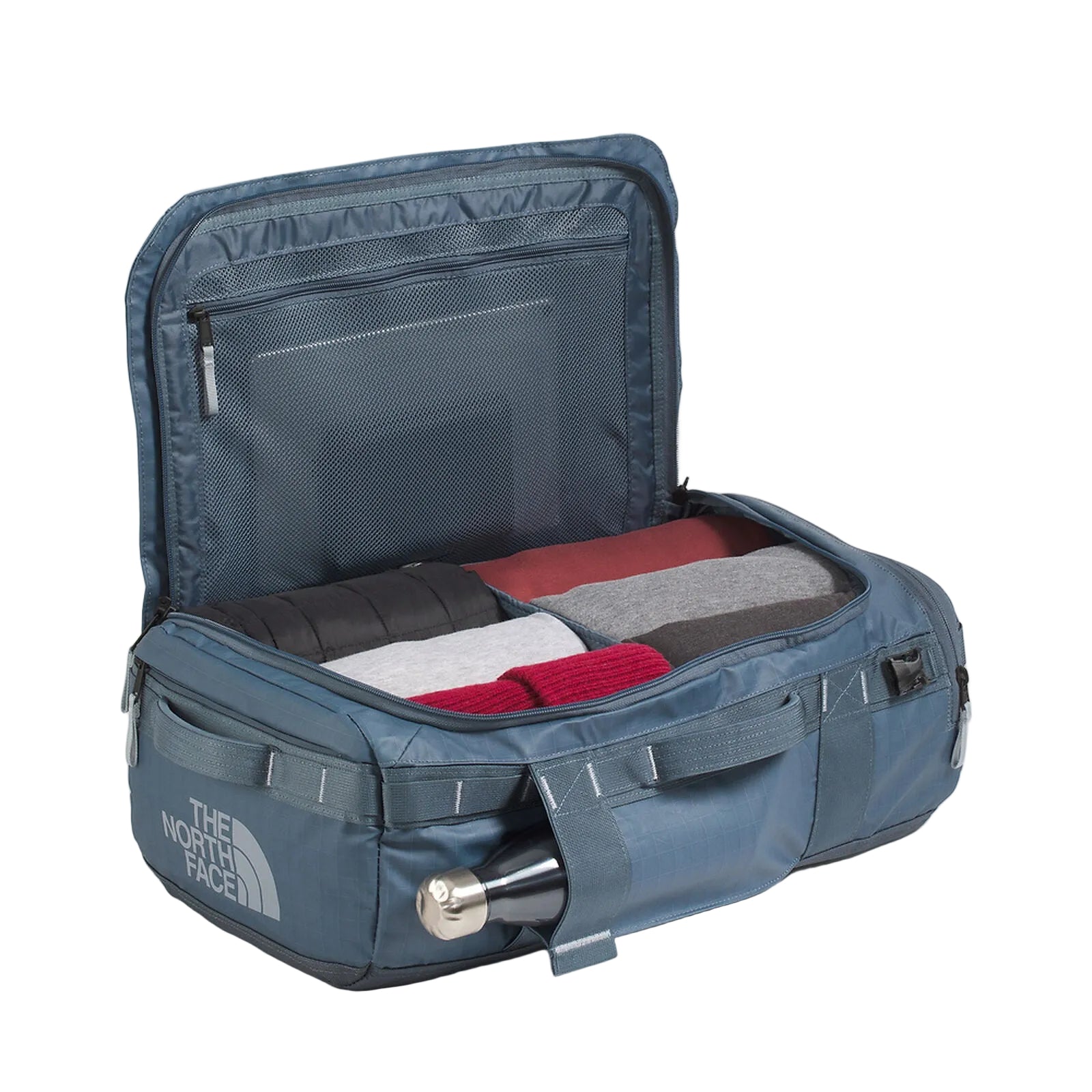 The North Face Base Camp Voyager Duffel 32L in Granite Grey/Frost Grey - packed interior detail