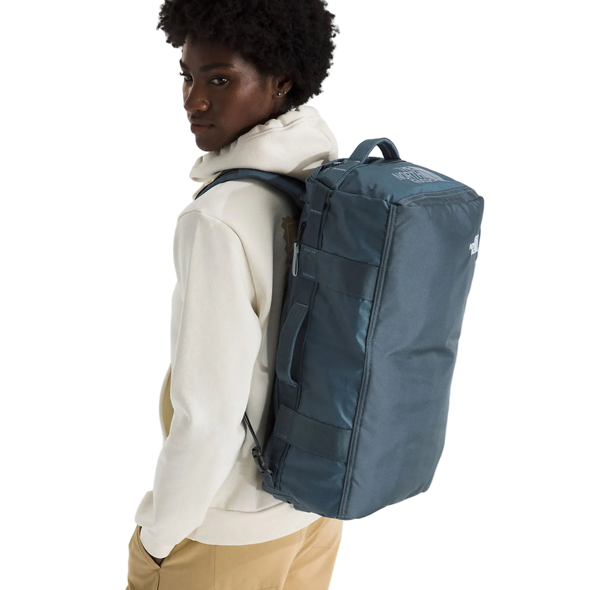 The North Face Base Camp Voyager Duffel 32L in Granite Grey/Frost Grey - worn