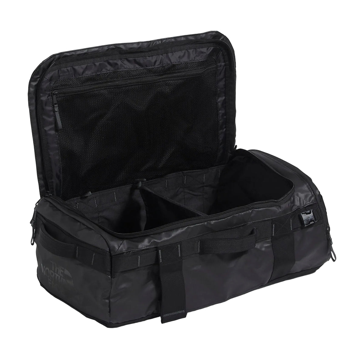 The North Face Base Camp Voyager Duffel 32L in TNF Black/Asphalt Grey - shoe compartment detail