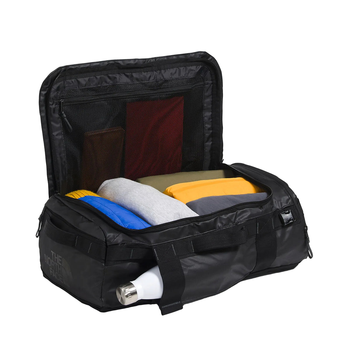 The North Face Base Camp Voyager Duffel 32L in TNF Black/Asphalt Grey - packed interior detail