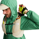 The North Face Sunriser Run Vest 8 in Desert Stone/Rust Orange - worn, front, shoulder strap flask detail