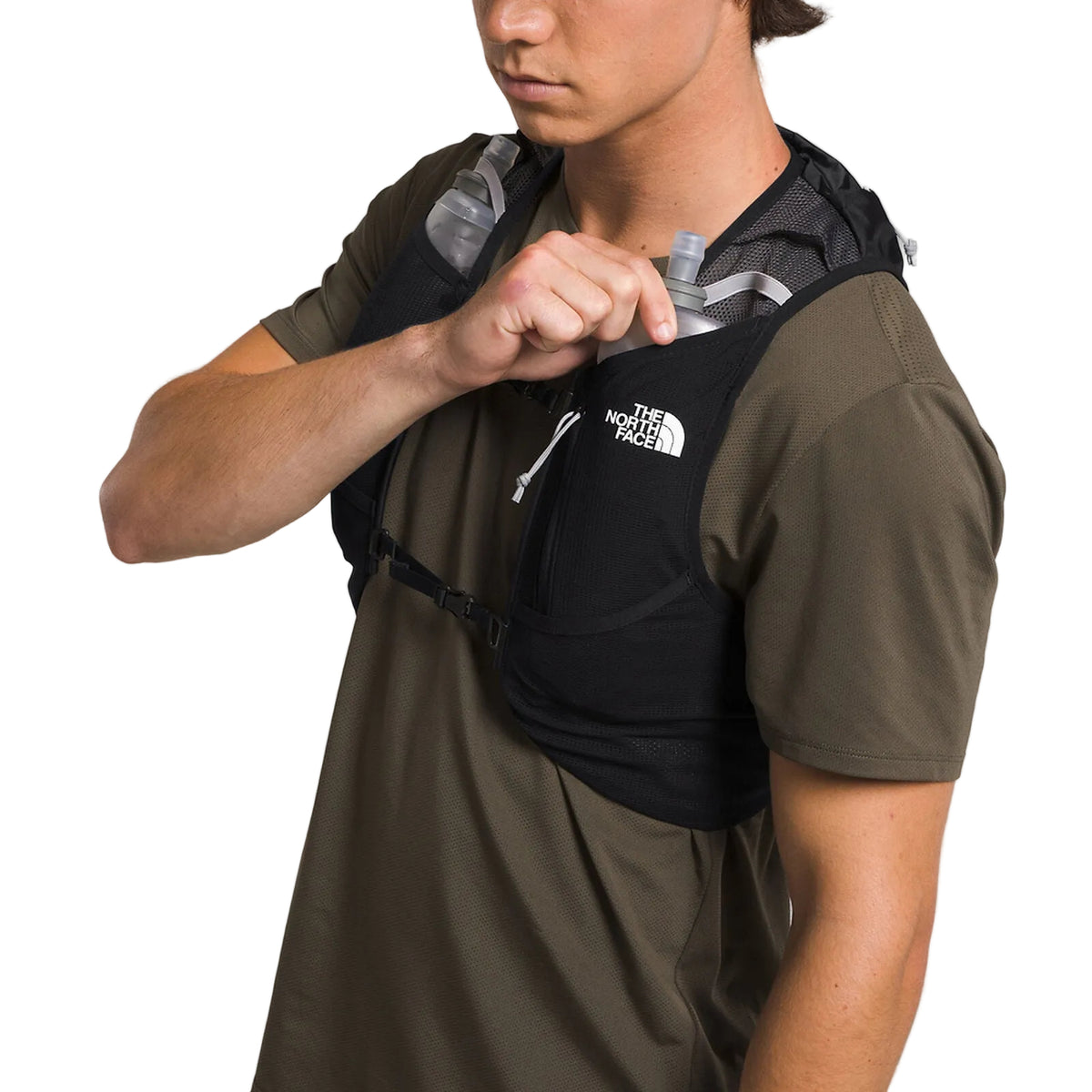 The North Face Sunriser Run Vest 8 in TNF Black/TNF White-NPF - worn, chest strap adjustment detail