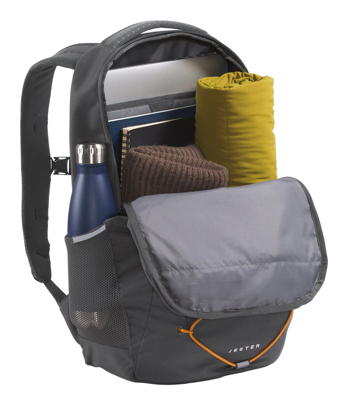 The North Face 28L Jester Backpack Anthracite Grey - top view showing stand-alone design and padded laptop compartment