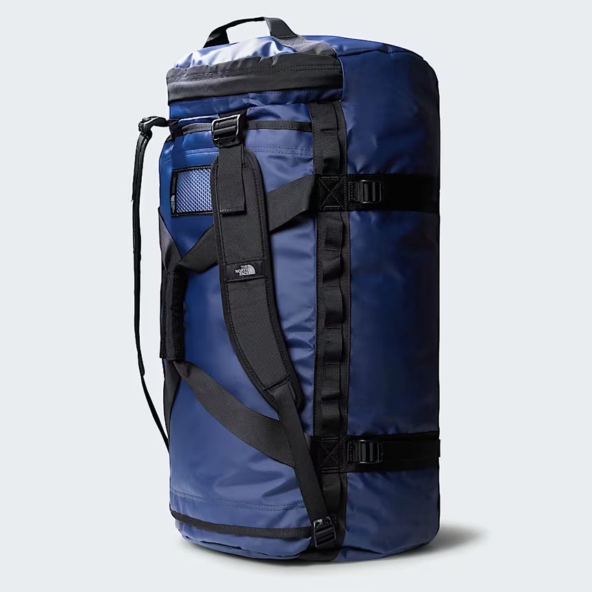 The North Face Base Camp Duffel Large Summit Navy/TNF Black - end-cap zippered compartment detail for wet clothes and gear separation
