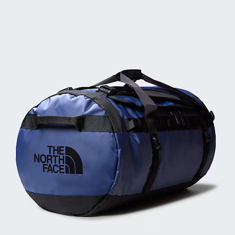 The North Face Base Camp Duffel Large in Summit Navy/TNF Black - front view showing water-resistant recycled fabric construction