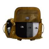 The North Face Base Camp Duffel Medium Golden Tan/Cedar - top view showing D-zip opening and compression straps