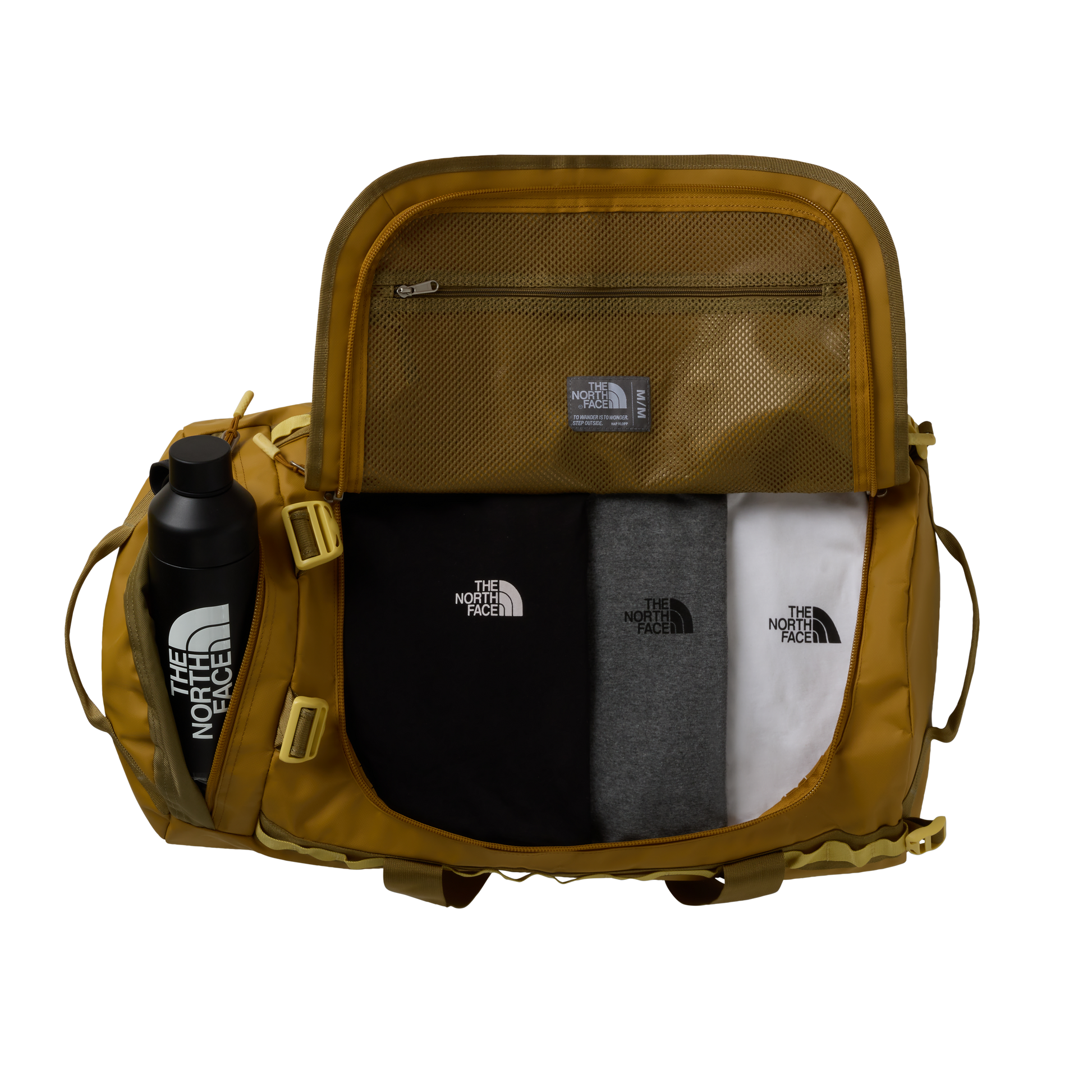 The North Face Base Camp Duffel Medium Golden Tan/Cedar - top view showing D-zip opening and compression straps