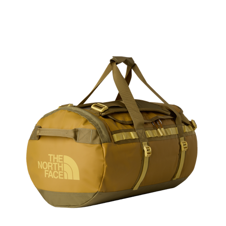 The North Face Base Camp Duffel Medium in Golden Tan/Cedar - front view showing water-resistant recycled fabric construction