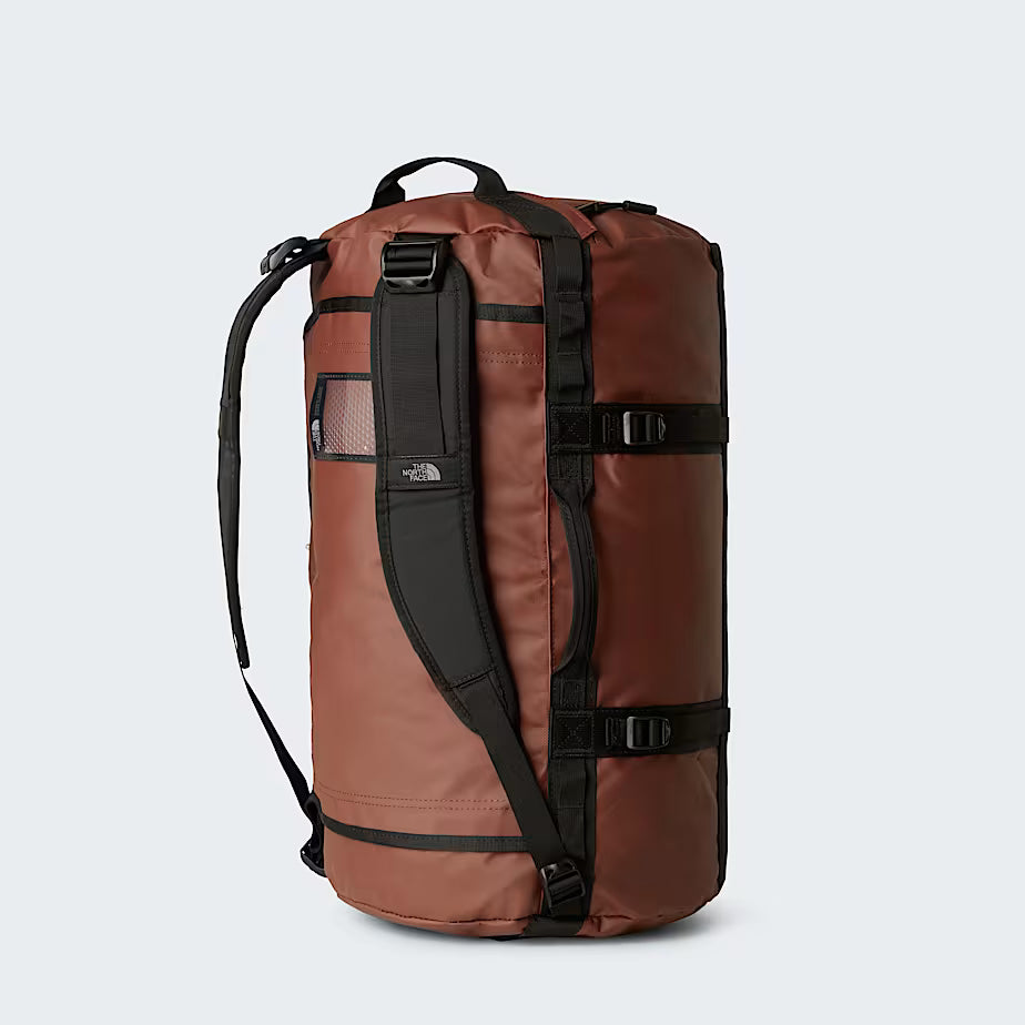 The North Face Base Camp Duffel Small Ember Soil/TNF Black - end-cap zippered compartment detail for wet clothes and gear separation
