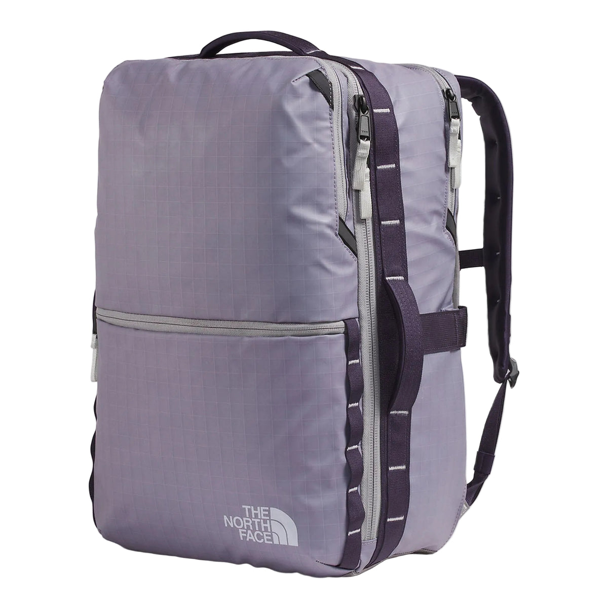 The North Face Base Camp Voyager Daypack 35L Large being used for travel, demonstrating luggage pass-through and versatile carry options